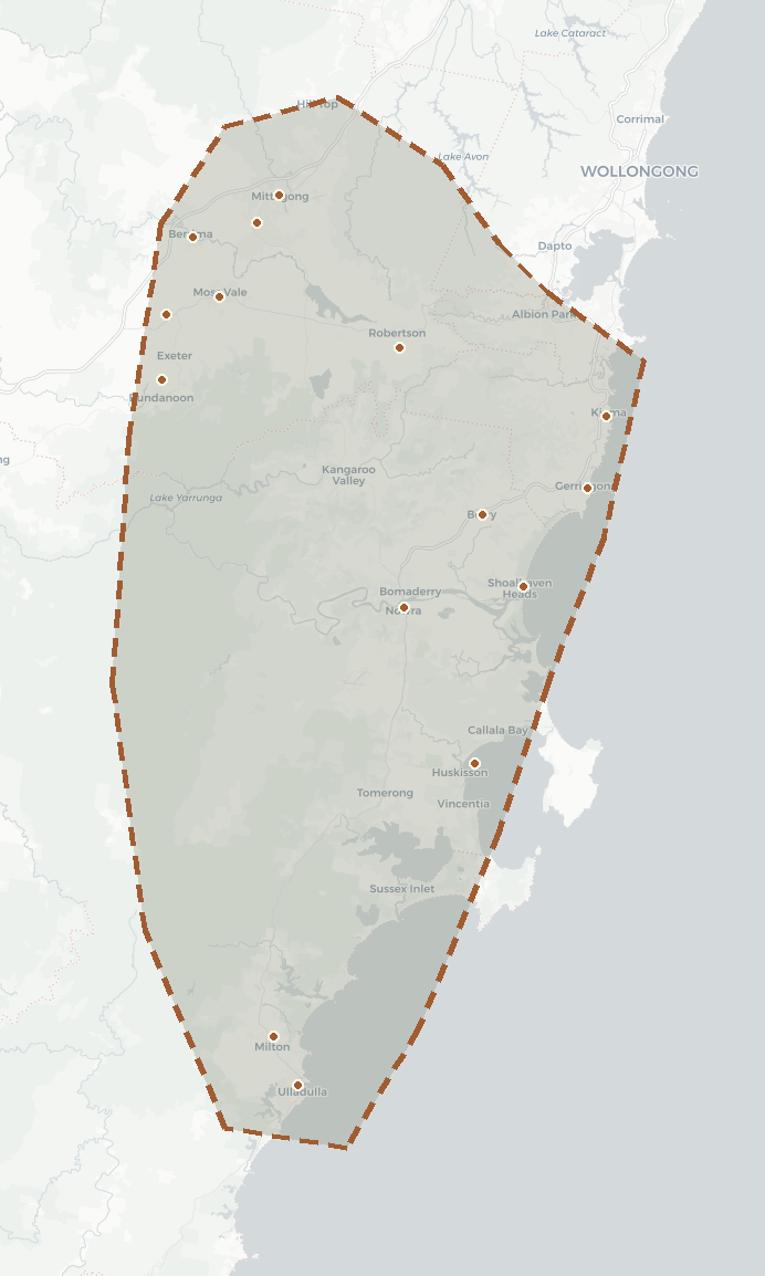 Map highlighting Valley Harvest's delivery area across the South Coast and Southern Highlands, NSW, from Kiama to Ulladulla and inland to Mittagong and Moss Vale.